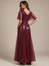Load image into Gallery viewer, Burgundy | Industrial Use Plus Size Short Ruffle Sleeve Sequin A-Line V-Neck Maxi Evening Dresses-Burgundy