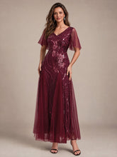 Load image into Gallery viewer, Burgundy | Industrial Use Plus Size Short Ruffle Sleeve Sequin A-Line V-Neck Maxi Evening Dresses-Burgundy