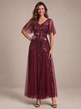 Load image into Gallery viewer, Burgundy | Industrial Use Plus Size Short Ruffle Sleeve Sequin A-Line V-Neck Maxi Evening Dresses-Burgundy