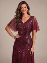 Load image into Gallery viewer, Burgundy | Industrial Use Plus Size Short Ruffle Sleeve Sequin A-Line V-Neck Maxi Evening Dresses-Burgundy