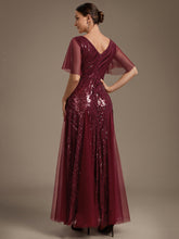 Load image into Gallery viewer, Burgundy | Industrial Use Plus Size Short Ruffle Sleeve Sequin A-Line V-Neck Maxi Evening Dresses-Burgundy