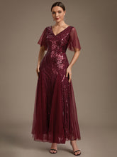 Load image into Gallery viewer, Burgundy | Industrial Use Plus Size Short Ruffle Sleeve Sequin A-Line V-Neck Maxi Evening Dresses-Burgundy
