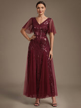 Load image into Gallery viewer, Burgundy | Industrial Use Plus Size Short Ruffle Sleeve Sequin A-Line V-Neck Maxi Evening Dresses-Burgundy