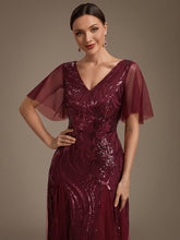 Load image into Gallery viewer, Burgundy | Industrial Use Plus Size Short Ruffle Sleeve Sequin A-Line V-Neck Maxi Evening Dresses-Burgundy