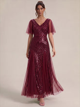 Load image into Gallery viewer, Burgundy | Industrial Use Plus Size Short Ruffle Sleeve Sequin A-Line V-Neck Maxi Evening Dresses-Burgundy