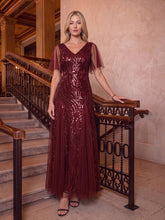 Load image into Gallery viewer, Burgundy | Industrial Use Plus Size Short Ruffle Sleeve Sequin A-Line V-Neck Maxi Evening Dresses-Burgundy