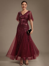 Load image into Gallery viewer, Burgundy | Industrial Use Plus Size Short Ruffle Sleeve Sequin A-Line V-Neck Maxi Evening Dresses-Burgundy