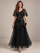 Load image into Gallery viewer, Black | Industrial Use Plus Size Short Ruffle Sleeve Sequin A-Line V-Neck Maxi Evening Dresses-Black