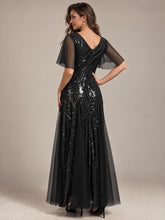 Load image into Gallery viewer, Black | Industrial Use Plus Size Short Ruffle Sleeve Sequin A-Line V-Neck Maxi Evening Dresses-Black