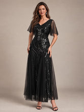Load image into Gallery viewer, Black | Industrial Use Plus Size Short Ruffle Sleeve Sequin A-Line V-Neck Maxi Evening Dresses-Black