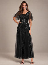 Load image into Gallery viewer, Black | Industrial Use Plus Size Short Ruffle Sleeve Sequin A-Line V-Neck Maxi Evening Dresses-Black