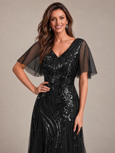 Load image into Gallery viewer, Black | Industrial Use Plus Size Short Ruffle Sleeve Sequin A-Line V-Neck Maxi Evening Dresses-Black