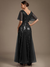 Load image into Gallery viewer, Black | Industrial Use Plus Size Short Ruffle Sleeve Sequin A-Line V-Neck Maxi Evening Dresses-Black