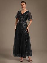Load image into Gallery viewer, Black | Industrial Use Plus Size Short Ruffle Sleeve Sequin A-Line V-Neck Maxi Evening Dresses-Black