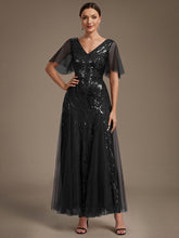 Load image into Gallery viewer, Black | Industrial Use Plus Size Short Ruffle Sleeve Sequin A-Line V-Neck Maxi Evening Dresses-Black