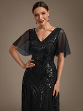 Load image into Gallery viewer, Black | Industrial Use Plus Size Short Ruffle Sleeve Sequin A-Line V-Neck Maxi Evening Dresses-Black