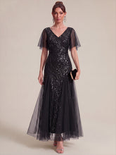 Load image into Gallery viewer, Black | Industrial Use Plus Size Short Ruffle Sleeve Sequin A-Line V-Neck Maxi Evening Dresses-Black