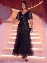 Load image into Gallery viewer, Black | Industrial Use Plus Size Short Ruffle Sleeve Sequin A-Line V-Neck Maxi Evening Dresses-Black