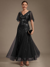 Load image into Gallery viewer, Black | Industrial Use Plus Size Short Ruffle Sleeve Sequin A-Line V-Neck Maxi Evening Dresses-Black