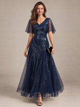 Load image into Gallery viewer, Navy Blue | Industrial Use Plus Size Short Ruffle Sleeve Sequin A-Line V-Neck Maxi Evening Dresses-Navy Blue