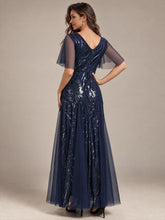 Load image into Gallery viewer, Navy Blue | Industrial Use Plus Size Short Ruffle Sleeve Sequin A-Line V-Neck Maxi Evening Dresses-Navy Blue