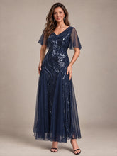 Load image into Gallery viewer, Navy Blue | Industrial Use Plus Size Short Ruffle Sleeve Sequin A-Line V-Neck Maxi Evening Dresses-Navy Blue