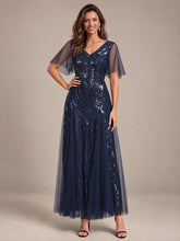 Load image into Gallery viewer, Navy Blue | Industrial Use Plus Size Short Ruffle Sleeve Sequin A-Line V-Neck Maxi Evening Dresses-Navy Blue