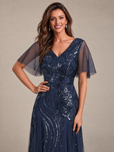 Load image into Gallery viewer, Navy Blue | Industrial Use Plus Size Short Ruffle Sleeve Sequin A-Line V-Neck Maxi Evening Dresses-Navy Blue