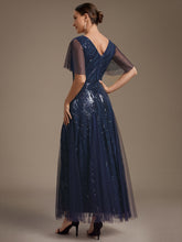 Load image into Gallery viewer, Navy Blue | Industrial Use Plus Size Short Ruffle Sleeve Sequin A-Line V-Neck Maxi Evening Dresses-Navy Blue