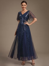 Load image into Gallery viewer, Navy Blue | Industrial Use Plus Size Short Ruffle Sleeve Sequin A-Line V-Neck Maxi Evening Dresses-Navy Blue