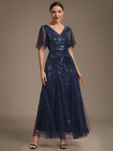 Load image into Gallery viewer, Navy Blue | Industrial Use Plus Size Short Ruffle Sleeve Sequin A-Line V-Neck Maxi Evening Dresses-Navy Blue