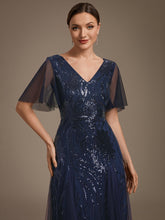 Load image into Gallery viewer, Navy Blue | Industrial Use Plus Size Short Ruffle Sleeve Sequin A-Line V-Neck Maxi Evening Dresses-Navy Blue
