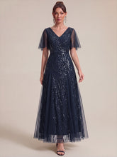 Load image into Gallery viewer, Navy Blue | Industrial Use Plus Size Short Ruffle Sleeve Sequin A-Line V-Neck Maxi Evening Dresses-Navy Blue