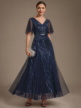 Load image into Gallery viewer, Navy Blue | Industrial Use Plus Size Short Ruffle Sleeve Sequin A-Line V-Neck Maxi Evening Dresses-Navy Blue