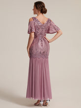Load image into Gallery viewer, Purple Orchid | Industrial Use Plus Size Short Ruffle Sleeve Sequin V-Neck Sheath Evening Dresses-Purple Orchid
