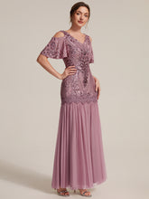 Load image into Gallery viewer, Purple Orchid | Industrial Use Plus Size Short Ruffle Sleeve Sequin V-Neck Sheath Evening Dresses-Purple Orchid