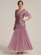 Load image into Gallery viewer, Purple Orchid | Industrial Use Plus Size Short Ruffle Sleeve Sequin V-Neck Sheath Evening Dresses-Purple Orchid