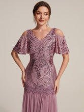 Load image into Gallery viewer, Purple Orchid | Industrial Use Plus Size Short Ruffle Sleeve Sequin V-Neck Sheath Evening Dresses-Purple Orchid