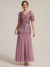 Load image into Gallery viewer, Purple Orchid | Industrial Use Plus Size Short Ruffle Sleeve Sequin V-Neck Sheath Evening Dresses-Purple Orchid