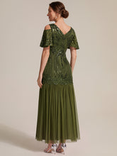 Load image into Gallery viewer, Olive Green | Industrial Use Plus Size Short Ruffle Sleeve Sequin V-Neck Sheath Evening Dresses-Olive Green