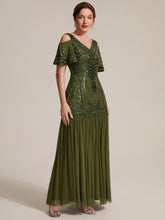 Load image into Gallery viewer, Olive Green | Industrial Use Plus Size Short Ruffle Sleeve Sequin V-Neck Sheath Evening Dresses-Olive Green