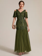 Load image into Gallery viewer, Olive Green | Industrial Use Plus Size Short Ruffle Sleeve Sequin V-Neck Sheath Evening Dresses-Olive Green