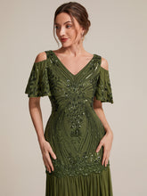 Load image into Gallery viewer, Olive Green | Industrial Use Plus Size Short Ruffle Sleeve Sequin V-Neck Sheath Evening Dresses-Olive Green