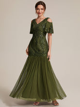 Load image into Gallery viewer, Olive Green | Industrial Use Plus Size Short Ruffle Sleeve Sequin V-Neck Sheath Evening Dresses-Olive Green