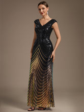 Load image into Gallery viewer, Black Gold | One Stop Shop Plus Size Sequin Sleeveless V-Neck Mermaid Maxi Evening Dresses-Black Gold