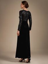 Load image into Gallery viewer, Black | Factory Design Plus Size Velvet Long Sleeve Round Neck Sheath Sequin Evening Dresses-Black