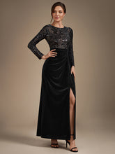 Load image into Gallery viewer, Black | Factory Design Plus Size Velvet Long Sleeve Round Neck Sheath Sequin Evening Dresses-Black