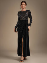 Load image into Gallery viewer, Black | Factory Design Plus Size Velvet Long Sleeve Round Neck Sheath Sequin Evening Dresses-Black