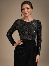 Load image into Gallery viewer, Black | Factory Design Plus Size Velvet Long Sleeve Round Neck Sheath Sequin Evening Dresses-Black