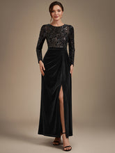 Load image into Gallery viewer, Black | Factory Design Plus Size Velvet Long Sleeve Round Neck Sheath Sequin Evening Dresses-Black